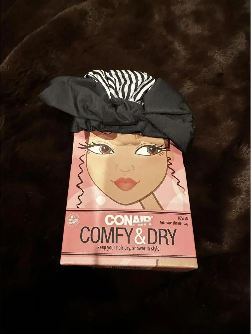 Conair Comfy & Dry Full Size Bow Shower Cap Black White Stripe #55948